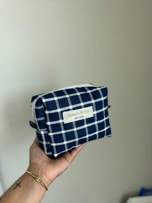Blue gingham Makeup bag Medium